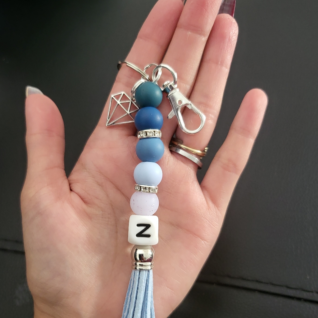Blue Letter N Sliver Tassel Keychain